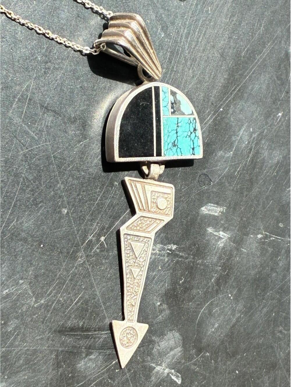 Ray Tracey Sterling Turquoise Onyx Pendant Necklace Navajo 18” Chain - Picture 3 of 9